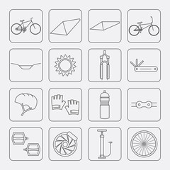 Bicycle parts and accessories. Line icons set. Vector.