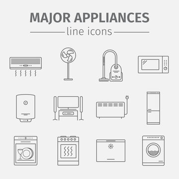 Vector major domestic appliances and electronics icon set. Vector signs.