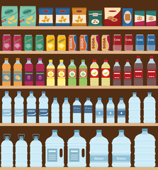 Supermarket shelves with snacks and drinks. Flat style, vector illustration. 
