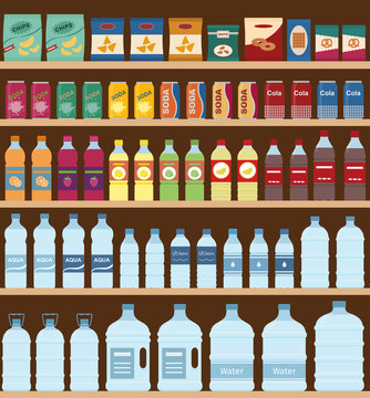 Supermarket shelves with snacks and drinks. Flat style, vector illustration. 
