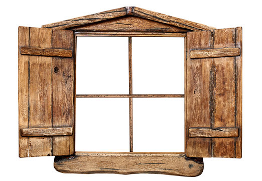 Fototapeta Wooden window with shutters opened, isolated on white