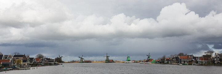 Row of windmills of the Zaanse Schans in Holland, the Netherlands