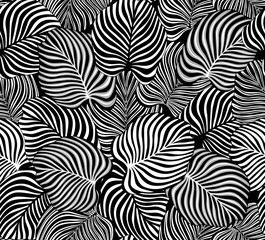 Cotton fabric black and white tropical leaves seamless pattern