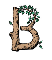 Colored engraving Letter B made of wood with leaves on the white background