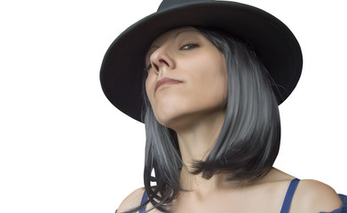 Gangster woman with hat and black hair - obrazy, fototapety, plakaty