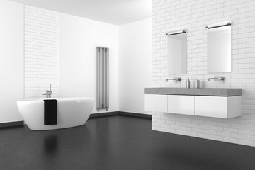 Plakat modern bathroom with white brick wall and dark floor