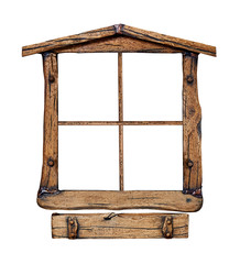 Old grunge wooden window frame, isolated on white.