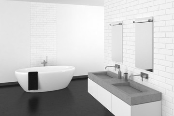 Naklejka na ściany i meble modern bathroom with white brick wall and dark floor