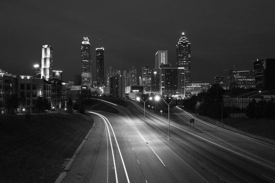 Black and white photo of Atlanta city night skyline