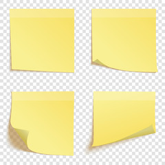 Set of square yellow sticky notes isolated on transparent background, vector illustration