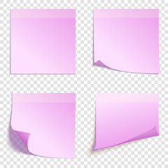 Set of square pink sticky notes isolated on transparent background, vector illustration