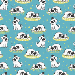 Pattern of sleeping on the pillow white dog on a blue background. Vector illustration in funny style.