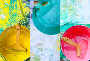 Collage of pink, yellow and blue paint pots with brushes, do it yourself, home improvement and decoration concept