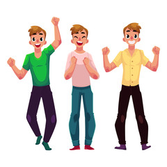 Three men, boys, friends rejoicing, cheering, celebrating, clenching fists in excitement, cartoon vector illustration isolated on white background. Full length portrait of happy rejoicing young men