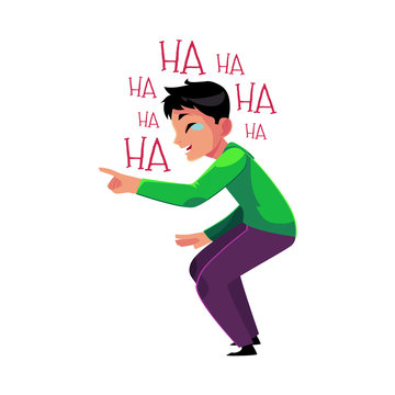Young man laughing out loud, crying from laughter, pointing, bending knees, cartoon vector illustration isolated on white background. Portrait of young man bursting with laughter, laughing to tears