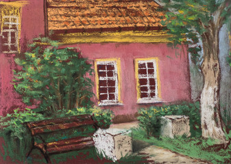 Fototapeta na wymiar Traditional European old house with tiled roof, bench and green tree. Urban view. Artistic pastels.