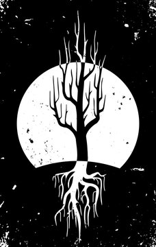 black and white tree at night, stylized illustration editable vector