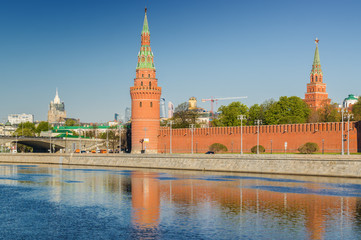 Morning view of  Moskva River, embankments, Kremlin Towers in Moscow, Russia.