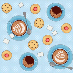 
Seamless vector pattern with tea and coffee cups, cookies and pastry