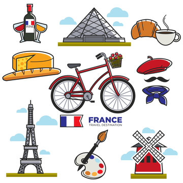 Travelling to France, touristic map with traditional elements