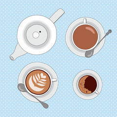 Vector illustration with tea and coffee cups, and tea pot