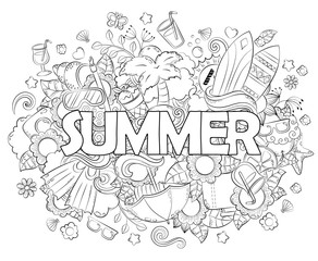 Doodle hand drawn vector illustration, background, texture, pattern, wallpaper, backdrop. Summer vacation, travel, recreation. Adult anti stress coloring book page with doodle and zentangle elements