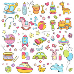 Background, texture, backdrop, pattern, wallpaper with children cartoon doodle toys. Educational games for kids, vector illustration. Baby shower. Icons collection set