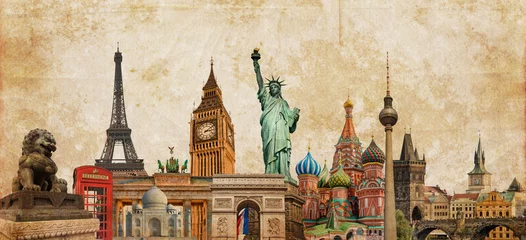 Foto op Canvas Wereldoriëntatiepunten en steden skyline fotocollage op sepia gestructureerde achtergrond, reizen, toerisme en studiereis rond de wereld concept, vintage briefkaart © Delphotostock
