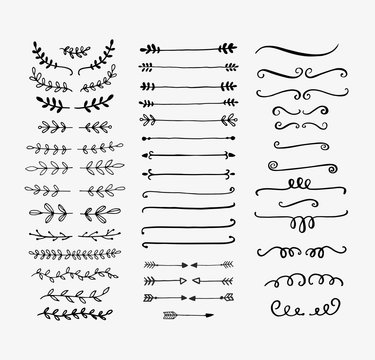 Vector dividers and laurels. Hand drawn doodle design elements. Borders and lines isolated.