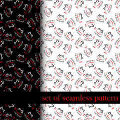 set of seamless pattern with sing or symbol of cat food. vector