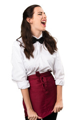 Young beautiful waitress shouting