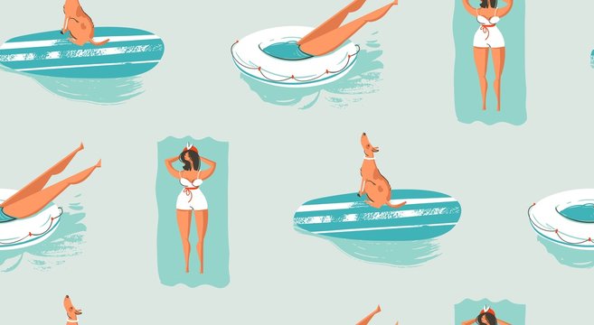 Hand drawn vector abstract vintage cartoon summer time fun seamless pattern of swimming people in the sea