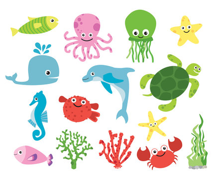 Cute vector sea creatures. Colorful cartoon illustrations of fish, octopus . turtle, starfish.