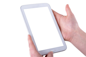Tablet in women hands on a white backgrounds