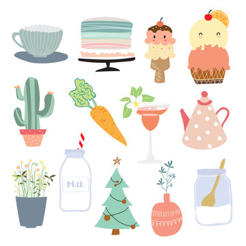 Cartoon icon collection with pot,cake,ice cream,carrot,flower,christmas,milk and cactus