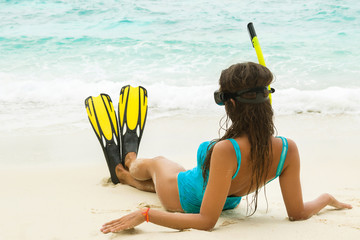 Beautiful young woman after snorkeling on the beach © blackday