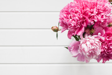 Pink peonies on white wooden background