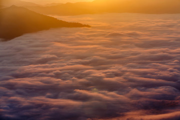 Landscape with the mist at Pha Tung mountain in sunrise time, Chiang Rai, Thailand.