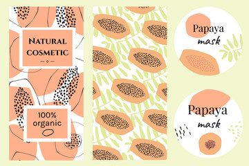 Set of labels for organic papaya cosmetics. Brochures in abstract style. Tropical motifs - 162247261
