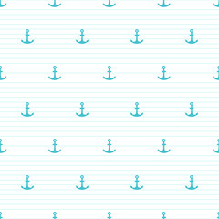 Seamless vector pattern in sea style. Anchors on a striped background. Good for baby boy