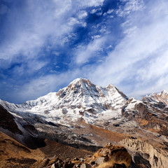 Fototapeta premium Mount Annapurna panoramic view from Annapurna Base Camp - trekking in the Nepal Himalaya
