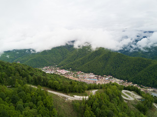 SOCHI, RUSSIA - May, 2017: Aerial view above Ski Resort Gorki Gorod