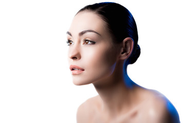 Fototapeta premium close up portrait of young attractive lady looking away isolated on white