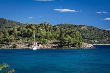 Yachts on blue lagoon bay at Croatia - 162250289