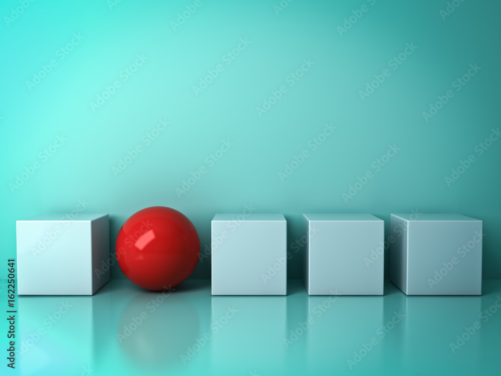 Poster Stand out from the crowd and different creative idea concepts , One red sphere standing among white square boxes on green background in the row with reflections and shadows . 3D rendering.