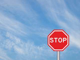 Stop rod sign with pole on white cloud and blue sky background