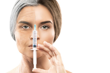 Young and old face comparison. Woman with syringe.