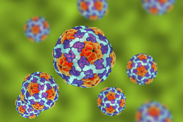 Heptitis A viruses on colorful background, 3D illustration