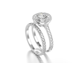 3D illustration white gold or silver matching band set rings with diamonds with reflection © 3djewelry