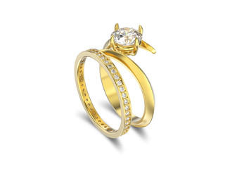 3D illustration isolated yellow gold matching band set rings with diamonds with shadow